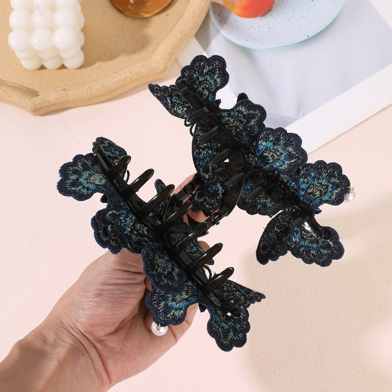 Vintage Teal Butterfly Embroidered Hair Claw Clip, Elegant Accessory